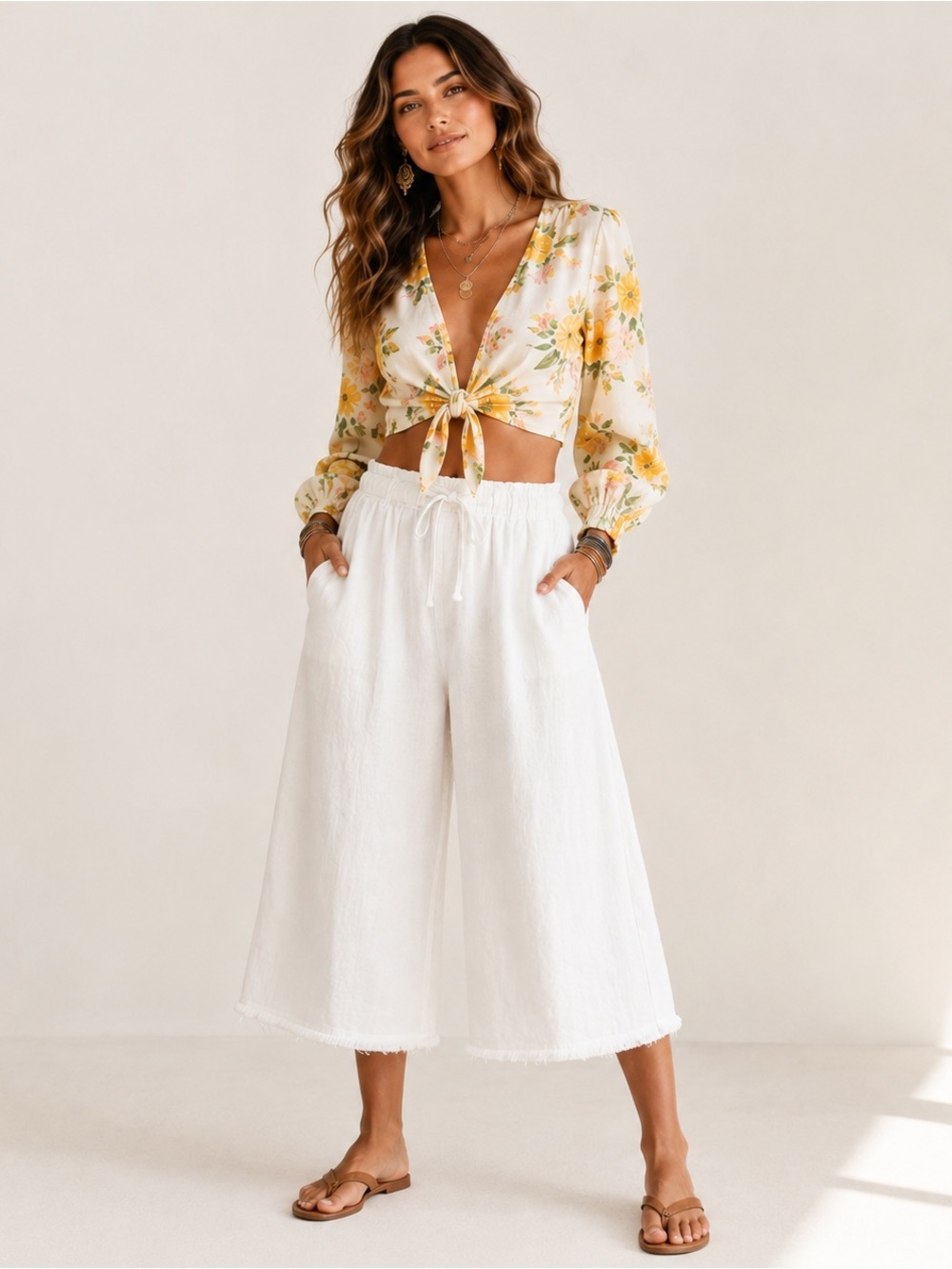 Cloth & Stone 100% Linen Wide Leg Crop Pants Bone Drawstring Relaxed Fit Sz S